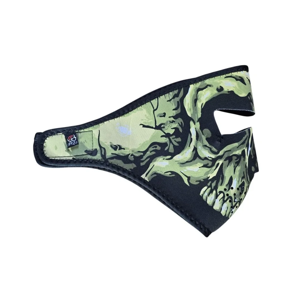 Lot of 2 ZANheadgear Neoprene Face Masks Black Half Mask & Green Skull Full Mask